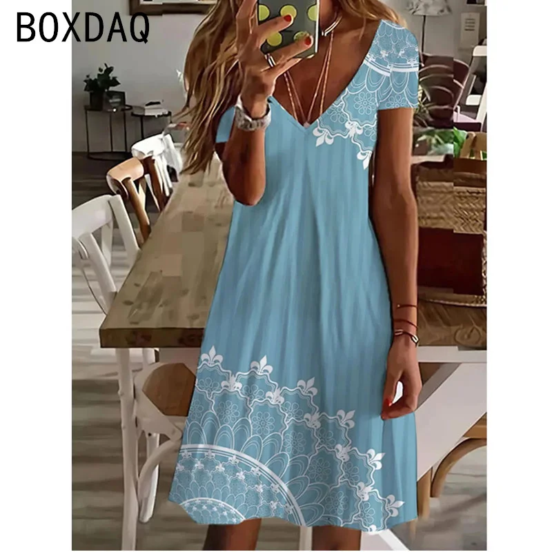 2025 New Sundress Women Summer Short Sleeve V-Neck Casual A-Line Knee-High Dress Vintage 3D Floral Boho Beach Dress Vestidos