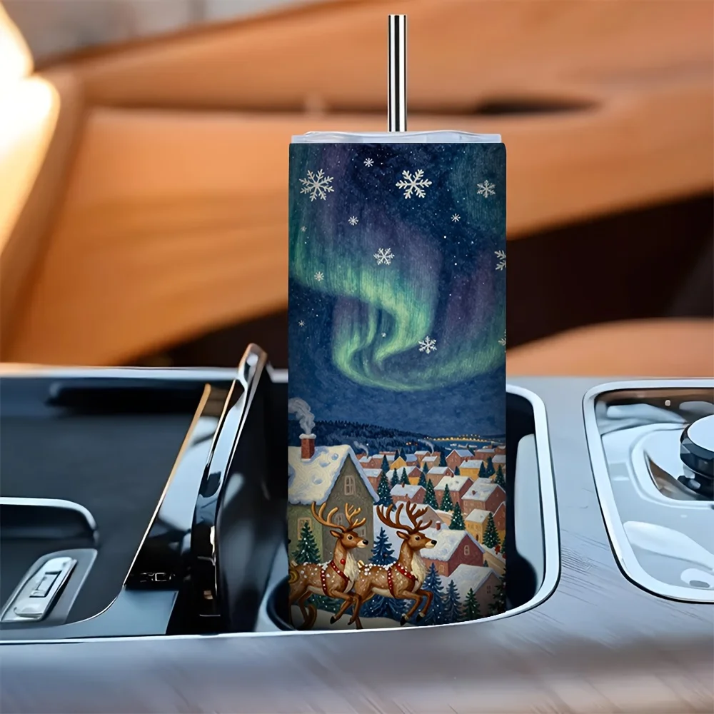 1ps Halloween and Christmas 20oz Stainless Steel Insulated Tumbler with Straw, Snowy Northern Lights Santa Sleigh Reindeer Christmas Town Print, Suitable for Home Office Travel, Xmas Holiday Gift for Daily Use