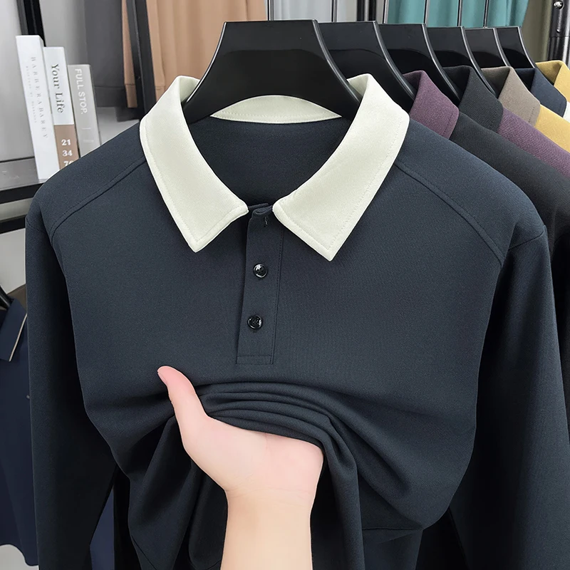 الاتجاه الفاخر طويلة الأكمام الرجال قميص بولو عالية الجودة اللون منعت التلبيب الربيع الخريف تي شيرت الكورية نمط الأعمال رداء علوي غير رسمي #2