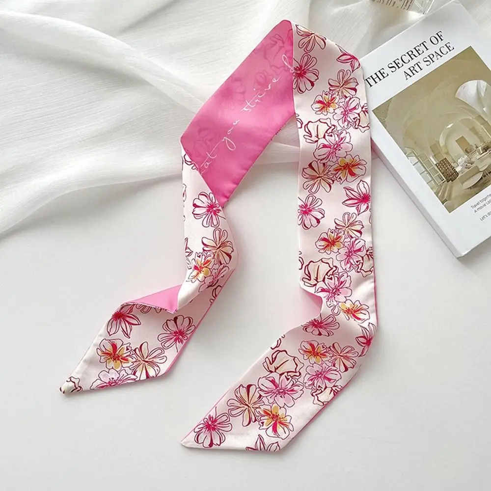 

Elegant Ribbon Headband Silk Scarf Flower Pink Long Scarf Hair Tie Scarf Accessories Printed Scarf Women