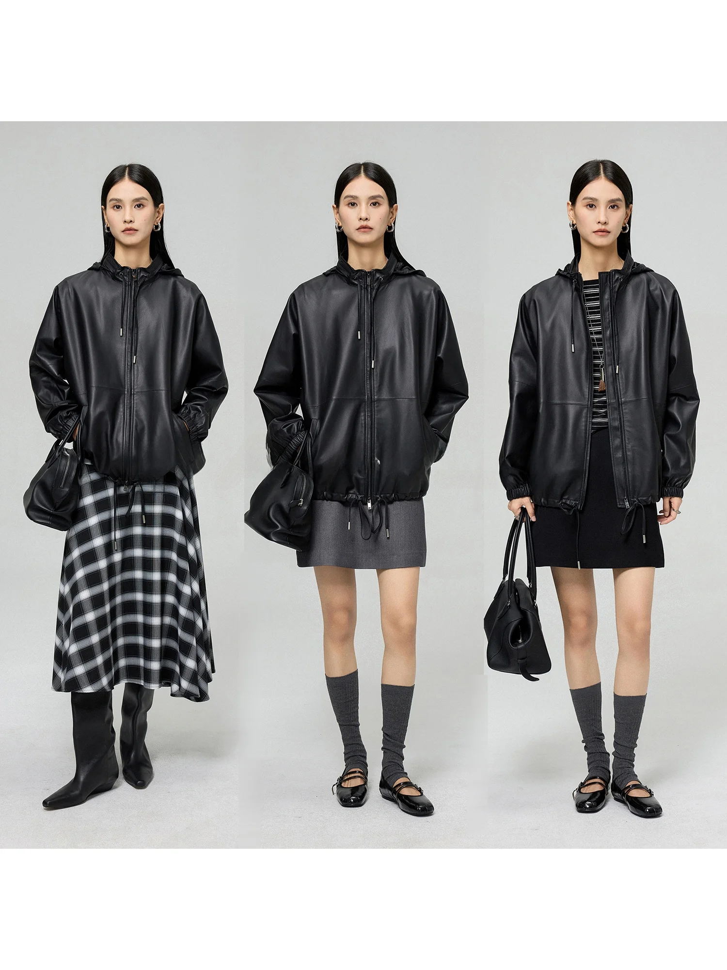 Giacca Casual Morbida e Nutriente in Pelle di Pecora con Cappuccio con Coulisse, Collo Alto, Cerniera, Vestibilità Ampia, in Lana e Pelle, da Donna