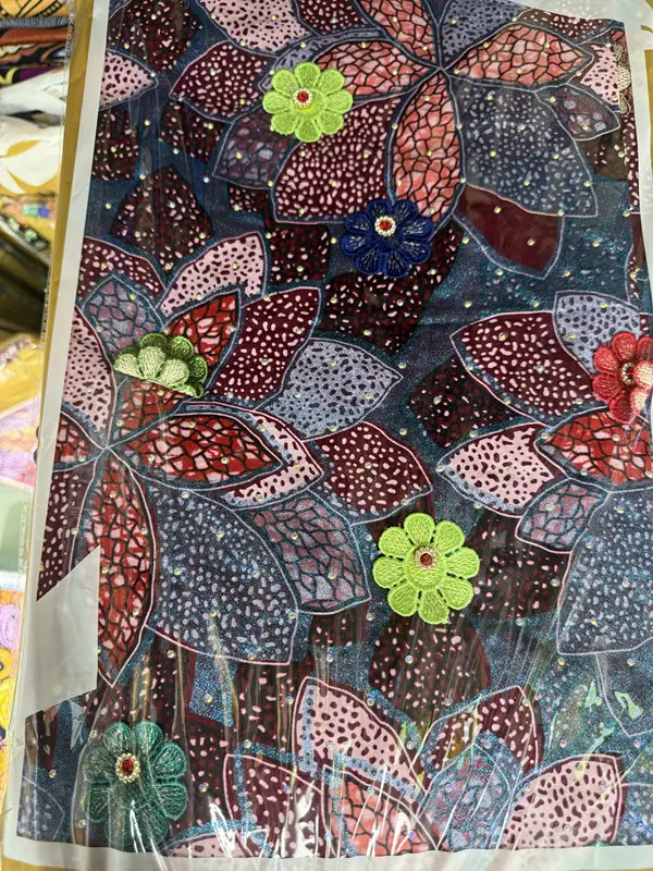 

5-ярдовая 3D-ткань из воскового кружева с шарфом, тяжелая вышивка бисером в дубайском стиле, африканские ткани, 100% хлопок, швейцарский вуалевый кружевной материал из Швейцарии