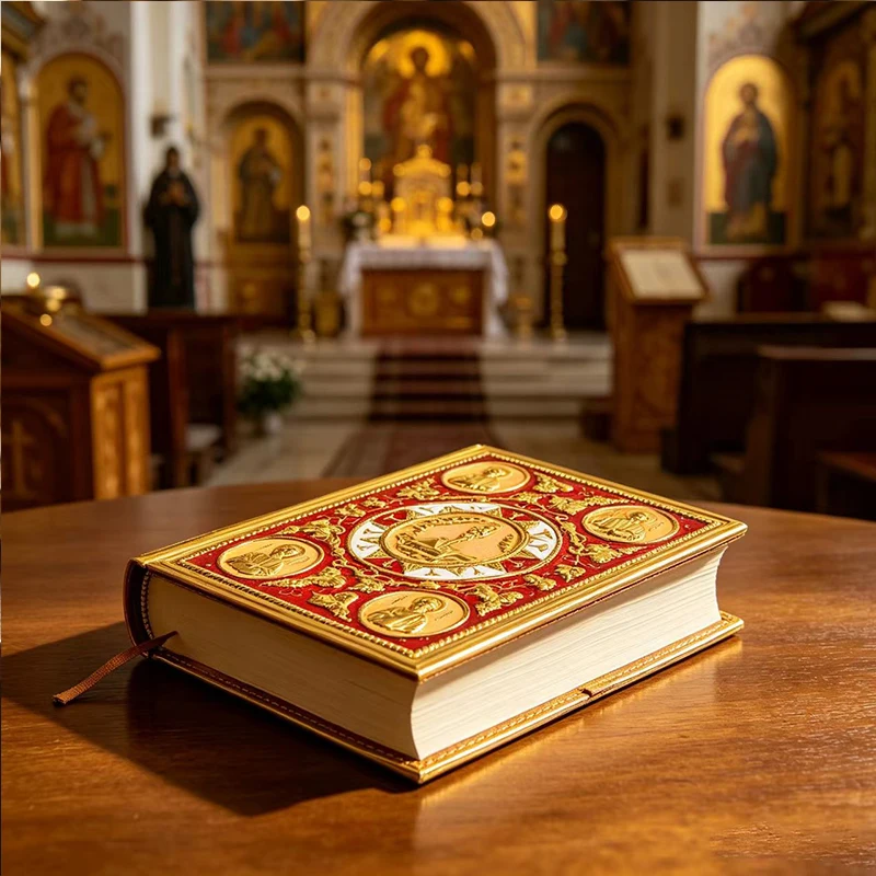 

New Ornate Gold Plated Enamel Gospel Cover with Apostle Relief Icons for Orthodox Christian Church Altar Religious Service Decor