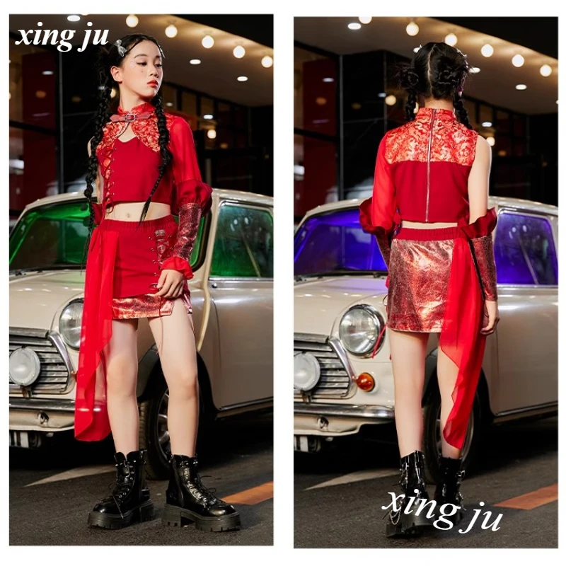 Mädchen Jazz Dance Anzug Mode Leistung Kleidung Kpop Dance Gruppe Hip Hop Outfits Sommer Rot Tops Röcke Street Dance Kostüme