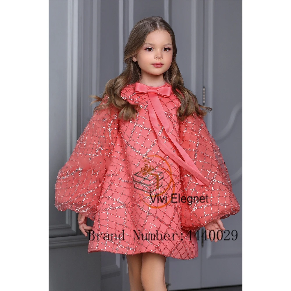 Moda Full Sleeve Bainha Flower Girl Vestidos com Sequind Bow Comprimento do joelho Vestidos de casamento 2023 Verão New فساتين اطفال