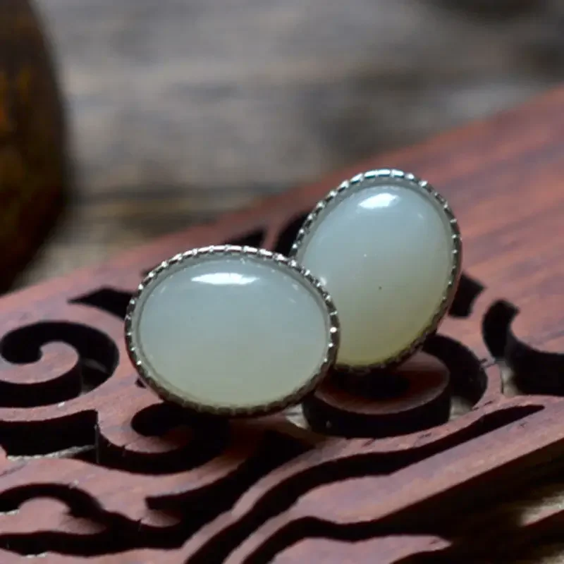 New silver inlaid natural Hetian white jade earrings Chinese style retro minority design elegant charm women's brand jewelry