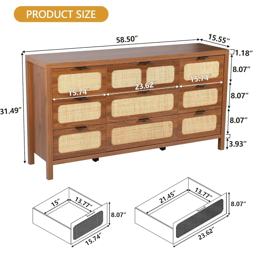 Современный комод из ротанга с 9 ящиками и отделкой из орехового дерева для хранения в спальне или гостиной