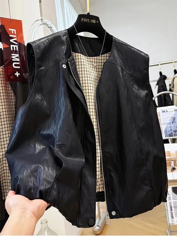 

plus Size PU Leather Vest Women's Loose Svel Jaet Retro Sle Windproof Casual Wear round Ne Zipper Closure Vest