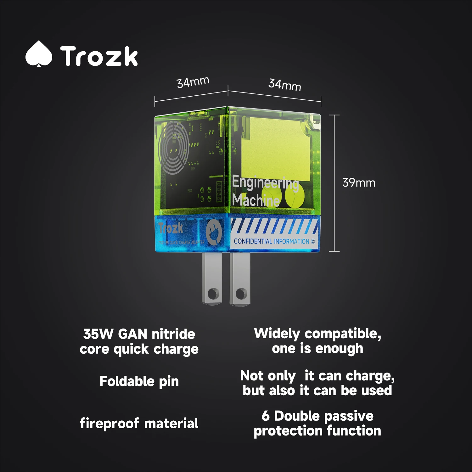 Trozk US 35w Gallium Nitride Fast Charging Plug Travel Portable For IPhone Overcurrent Protection Green Charger Adapter