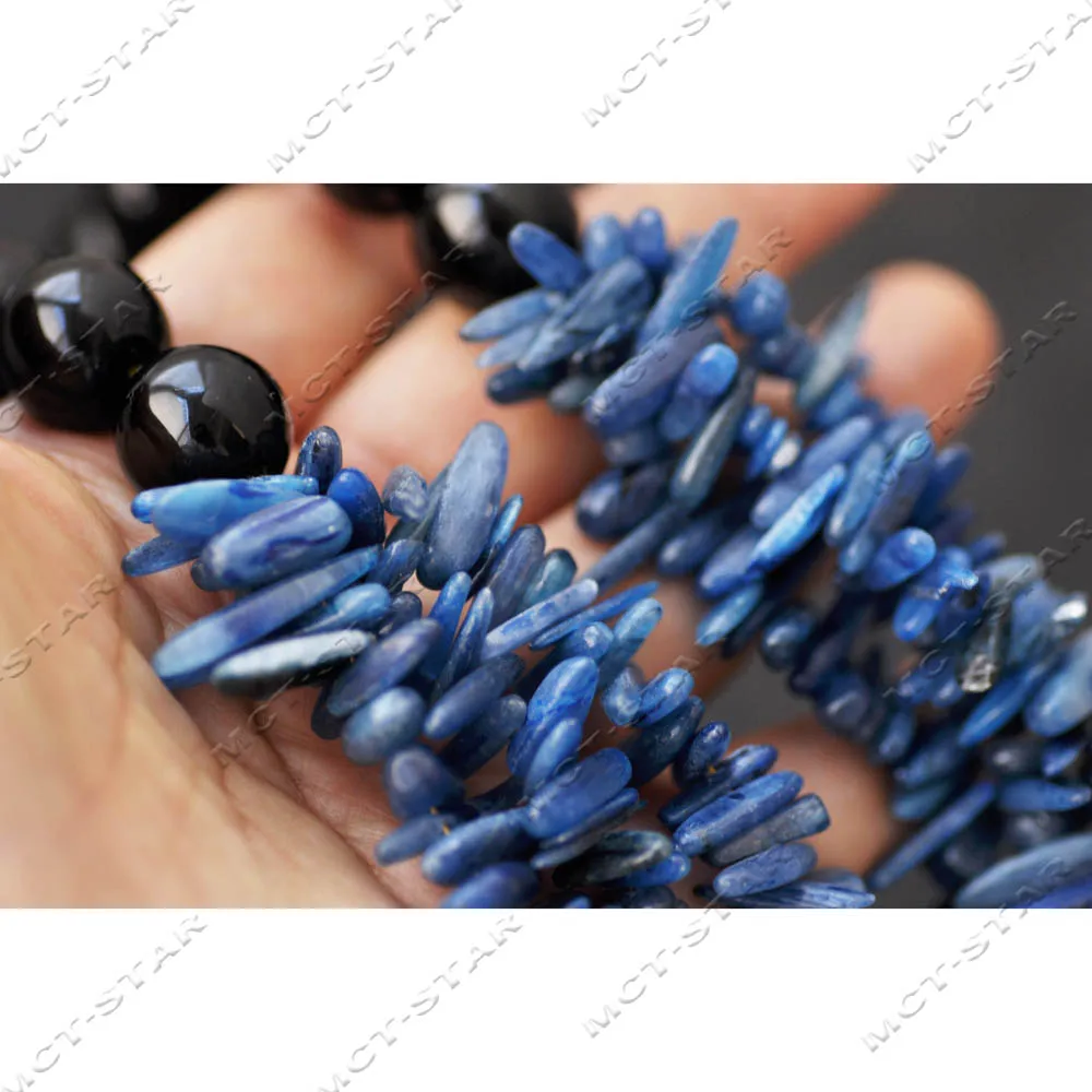 MTC·STAR 3Row 18'' 16mm Natural Blue Toothpick Blue-crystal Black Round Agate Necklace (Z14599 )