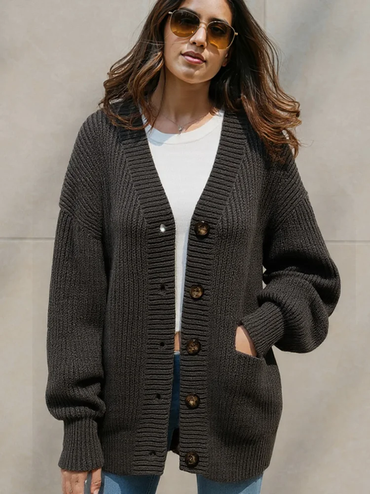 秋冬カジュアルルーズランタンスリーブニットカーディガンセーター女性用新作ファッション長袖ボタン付きロングセーターコート