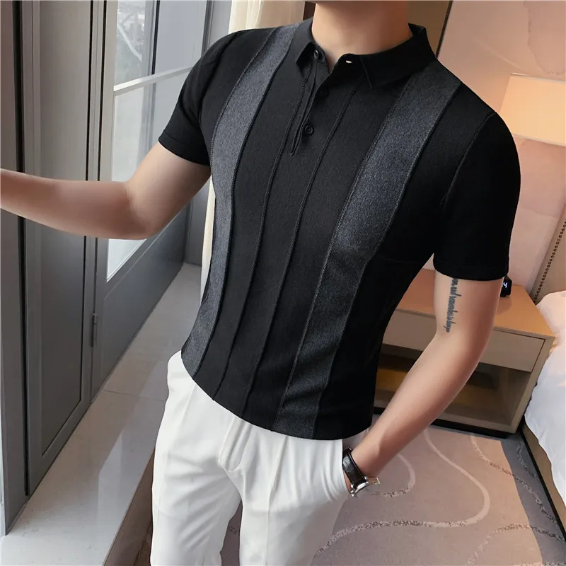 

Vintage Pattern Patchwork Knit POLO Shirt Men Summer Fashion Men Short Sleeve Slim POLO Shirt Casual Button Lapel Pullover