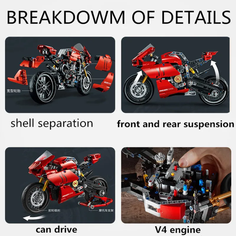 Technology Motorcycle Building Blocks Ducatied MOC 42107 Locomotive Model Mechanical Group Brick Difficult Assembly Toy Kid gift