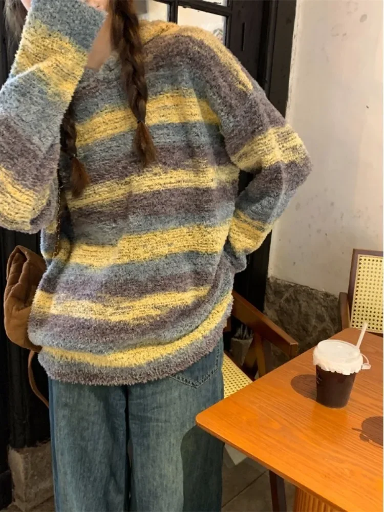 

Stripe Grunge Women Hooded Sweaters Spring Autumn Vintage Loose Outwear Jumpers Japanese Y2k Aesthetic Sweet Knitted Pullovers