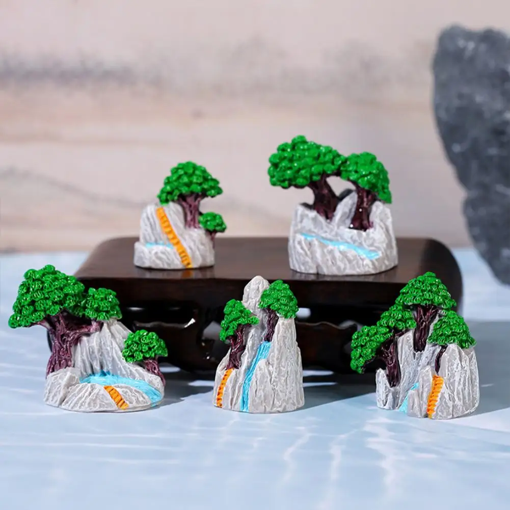 Miniature Resin Figurines 2pcs Mini Mountain Figurines with Trees Resin Rockery Waterfall Decorations Fairy Garden for Diy