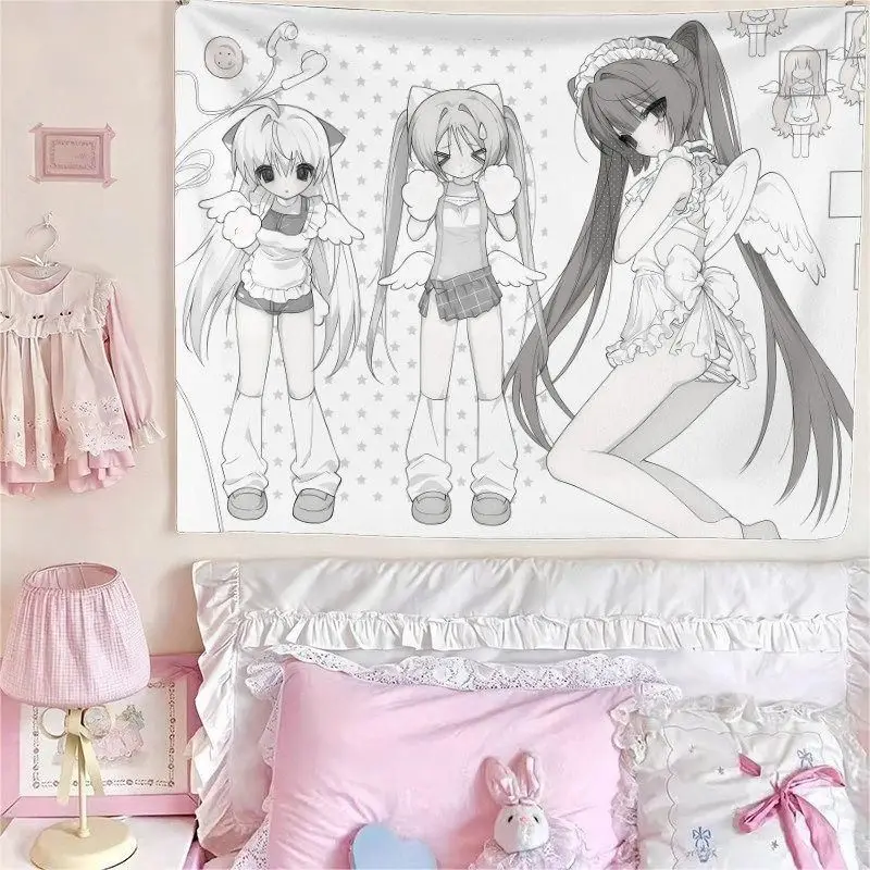 VIKAMA Black White Anime Angel Girls Tapestry Soft Grunge Line Art Manga Poster Wall Hanging Aesthetic Wall Art Bedroom Dorm