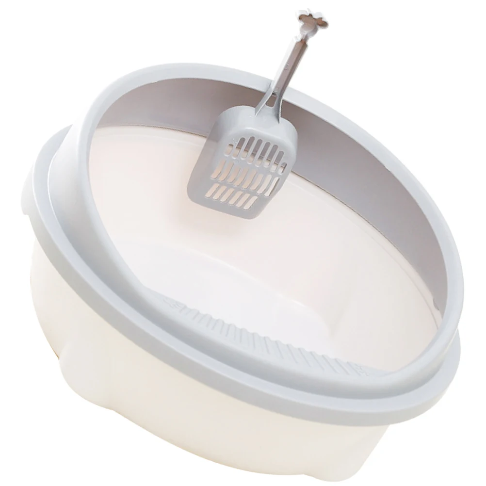 

1 set Cat Litter Box Half Closed Sturdy Plastic Light Grey Portable Travel for Cats Low Entry Design Hanging Shovel Included Pet