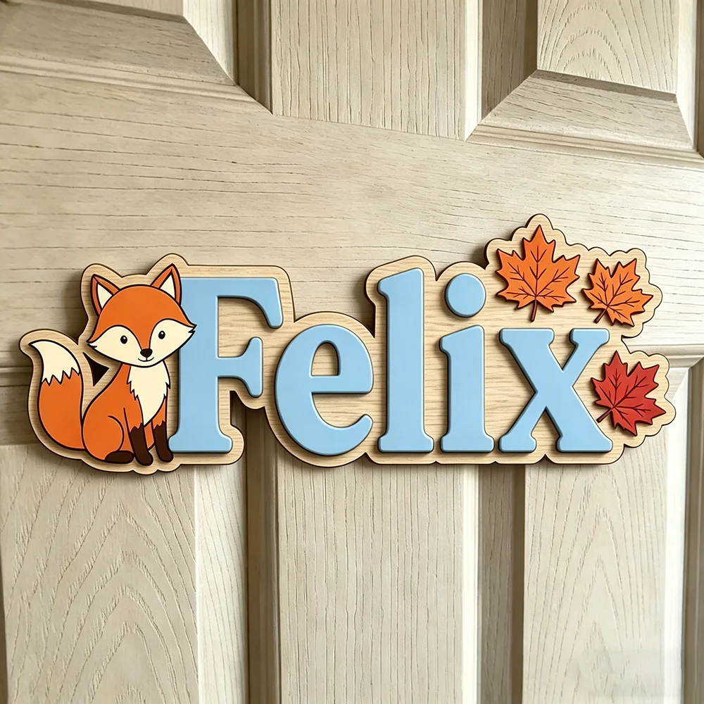 Personalized Fox & Maple Leaf Name Sign for The Dearest Baby, Cute Wooden Kids Room Autumn Forest Decor