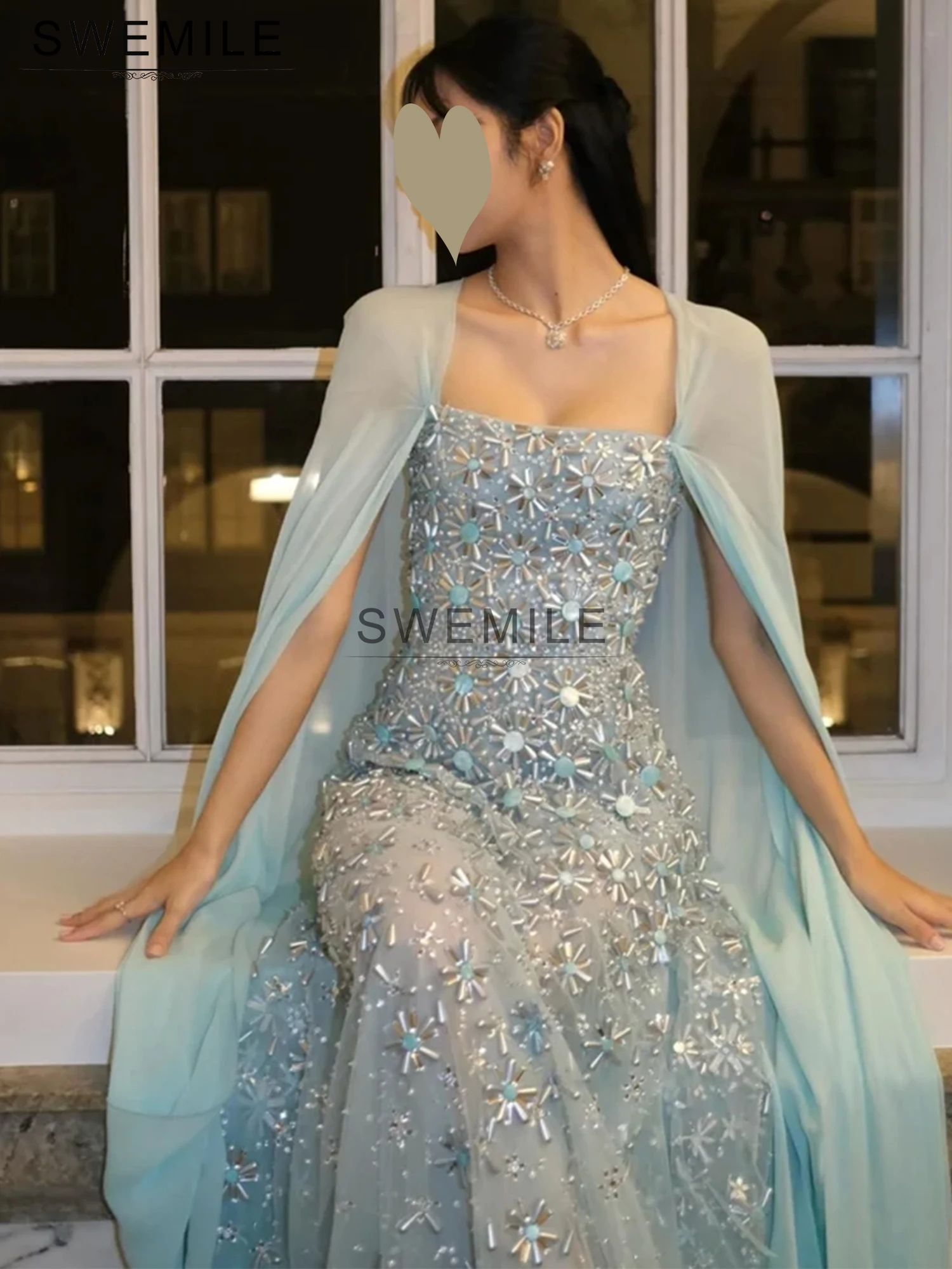 SWEMILE Saudi Arabia Sky Blue Mermaid Cape Sleeve Beaded Evening Dress For Occasion 2025 Square Collar Luxury Prom Gown Custom image 5