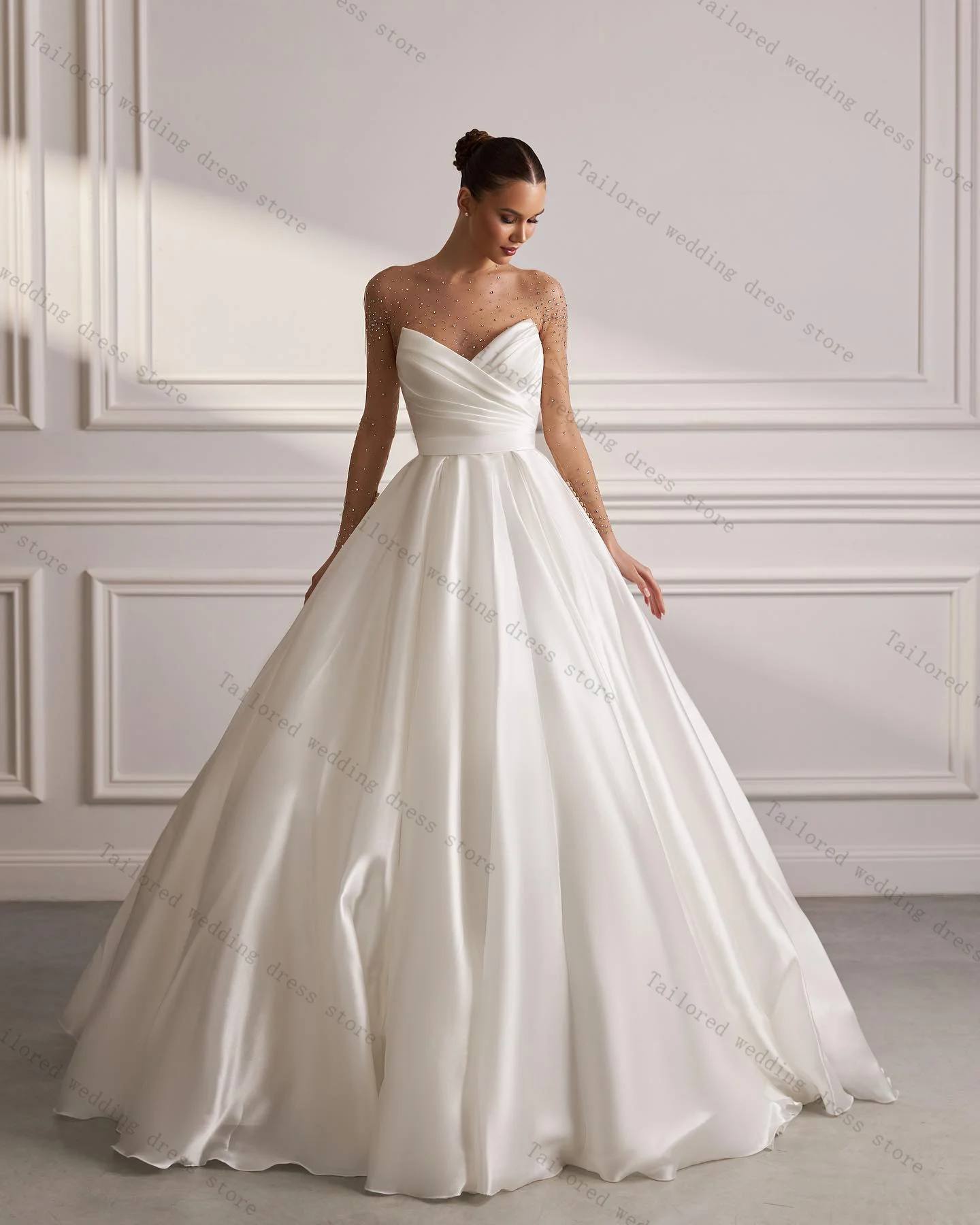 

White Pearls Women Wedding Dresses Elegant Sexy Sheer Neck Full Sleeves Bridal Gown Boho Garden Customized Lace Up Back Robe