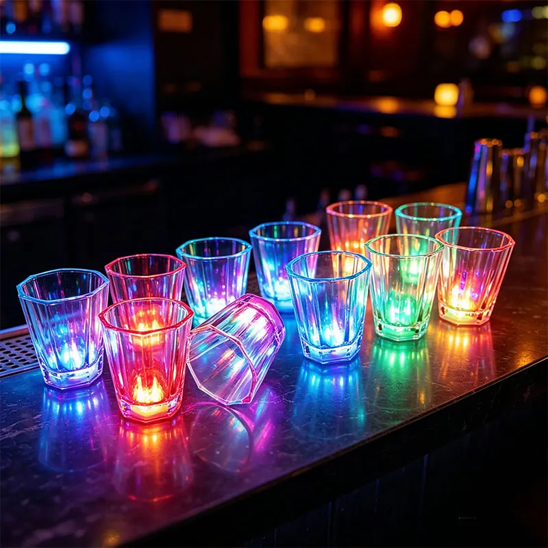 24pcs LED Light Up Shot Glasses Glow in The Dark Shot Cups Plastic Party Cups with Flashing Lights for Adults Birthday Bar
