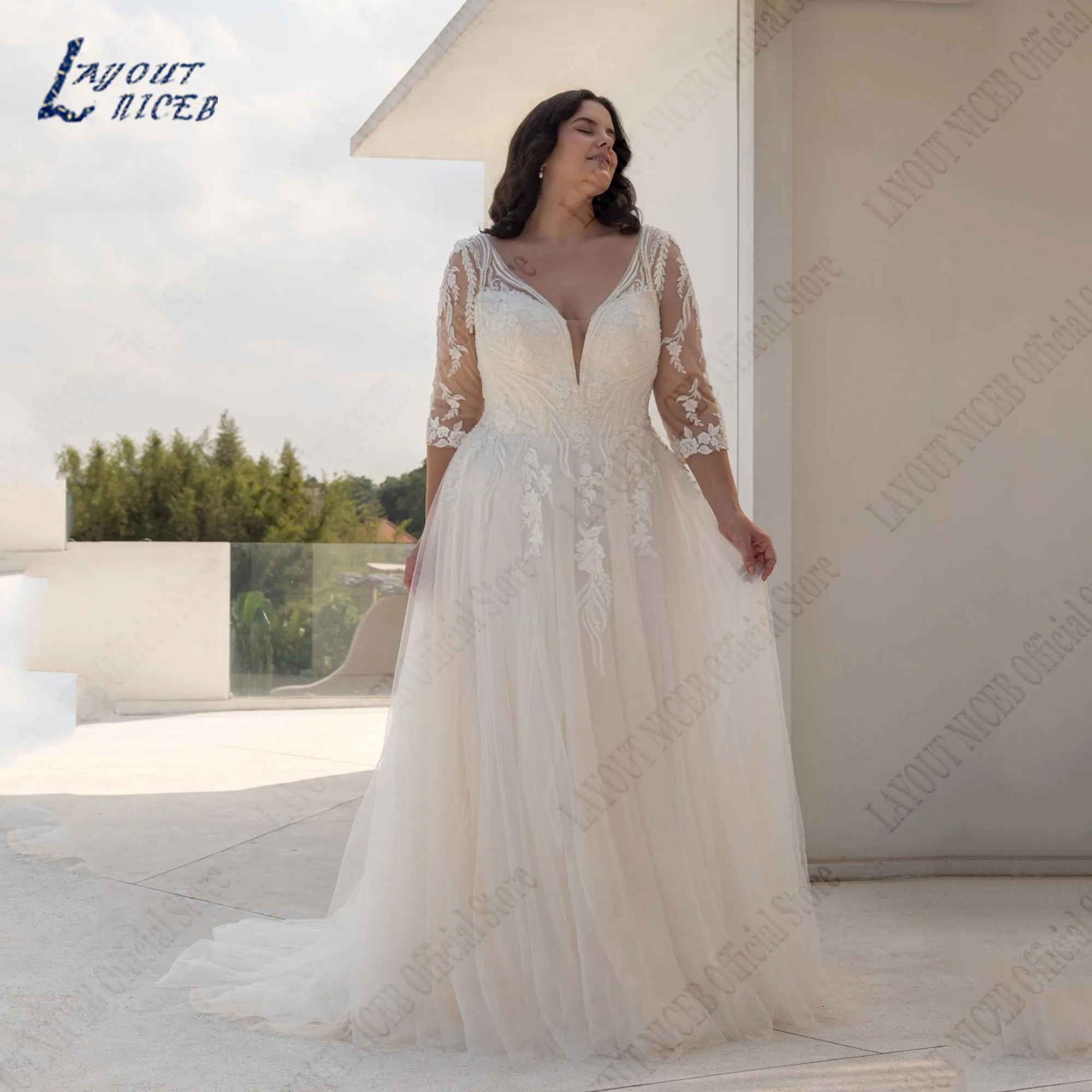 

LAYOUT NICEB V-Neck Wedding Dress Plus Size Woman 3/4 Sleeves Applique Lace Robe De Mariée A-Line Tulle Wedding Party Gowns