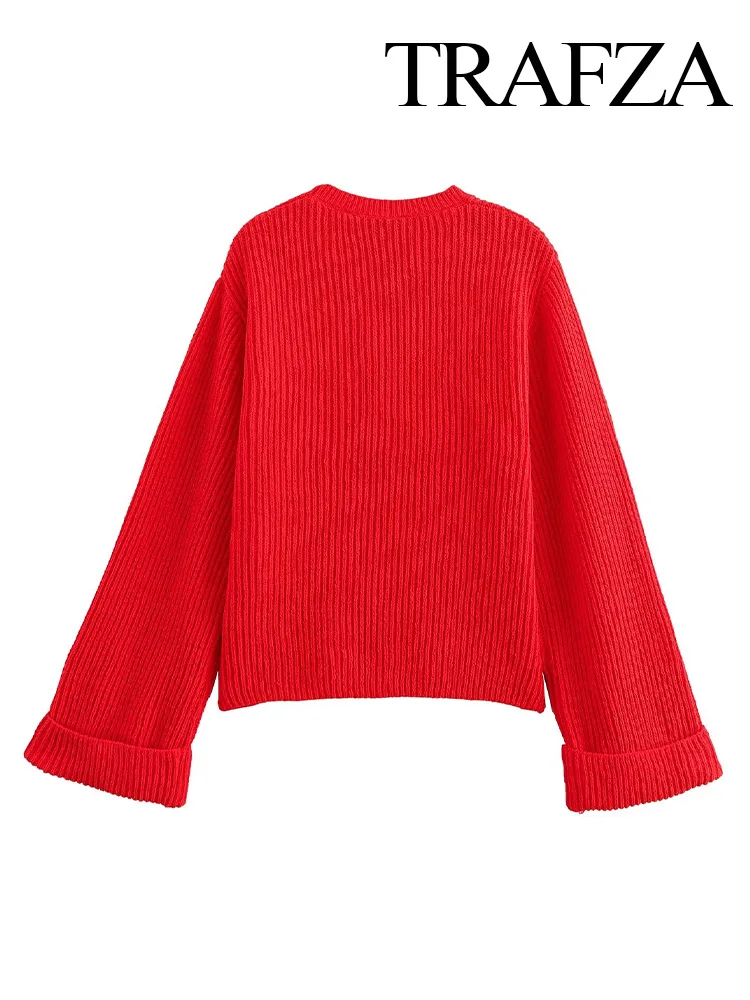 TRAFZA Autumn Winter Women Elegant Crew Neck Chenille Fabric Pullover Sweater Female Red High Street Knitted Sweater Mujer