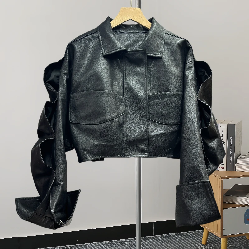 Veste de motard en similicuir pour femme, manches chauve-souris à volants, manches longues, revers décontracté, streetwear coréen, noir et rouge, printemps