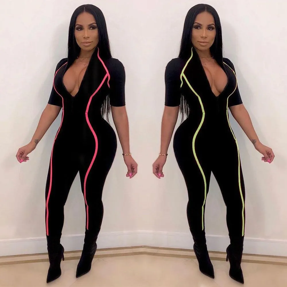 Y5091 Zomer damesmode sexy patchwork jumpsuit met V-hals en korte mouwen