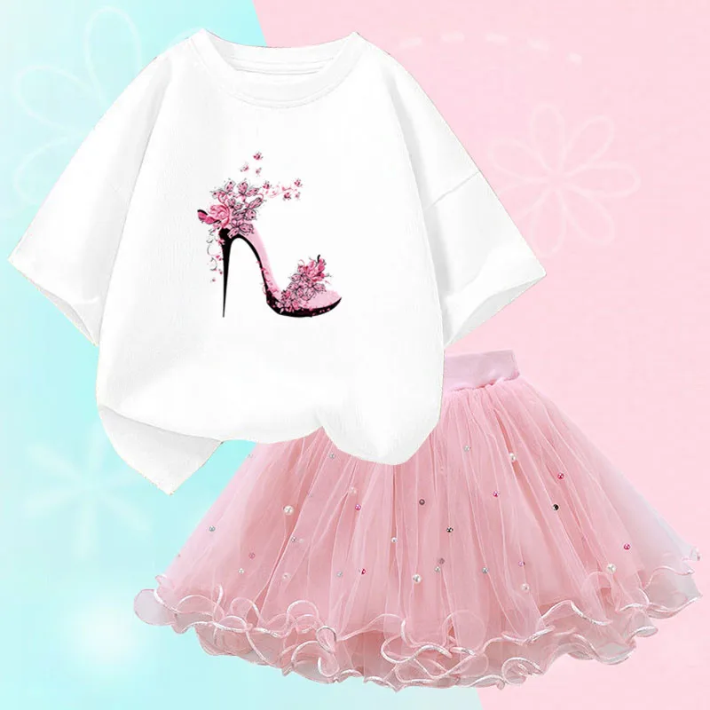 Summer Girls Fashion Clothing Sets Party Clothes Butterfly High Heel Print T shirt +Tutu Skirt 2pcs Outfits