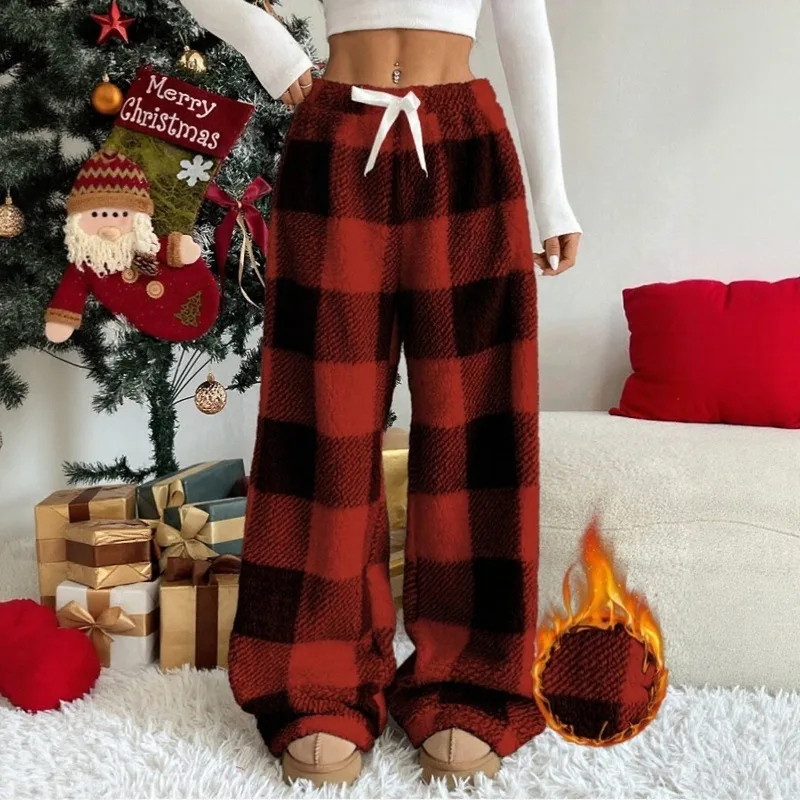 Damen Flanell Pyjamahose mit weitem Bein, Winter, weicher Plüsch, lässige, lockere Schlafhose, warme Loungewear, Hausanzughose, Schlafanzug