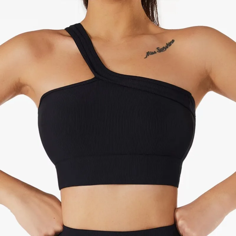 Women Single Shoulder Sexy Yoga Bra Thread Slanted Shoulder Vest Workout Running Seamless Knited Backless Fitness Tank Tops