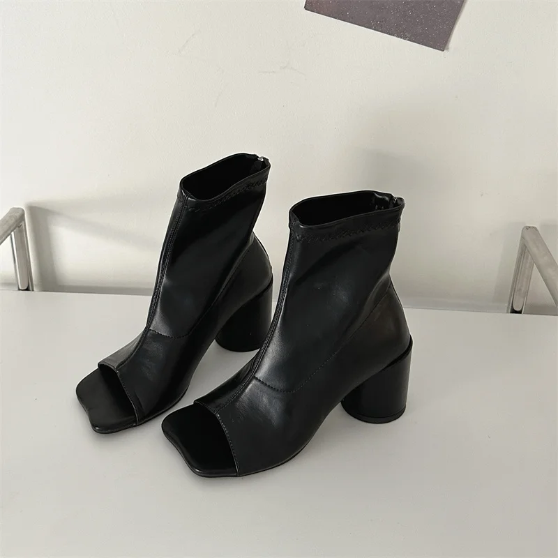 2024 Open Peep Toe Ankle Boots Women PU Leather High Top Short Booties Rome Gladiator Sandals Thick Block Heels Female Shoes