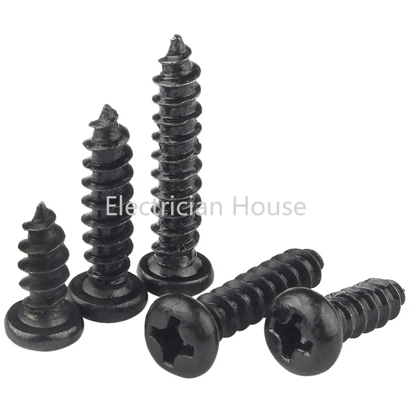 100 pcs/lot Cross Round Head Phillips Self-tapping Screw M1 M1.2 M1.4 M1.5 M1.7 M2 M2.3 M2.6 M3 M3.5 M4 M5 Black Carbon Steel