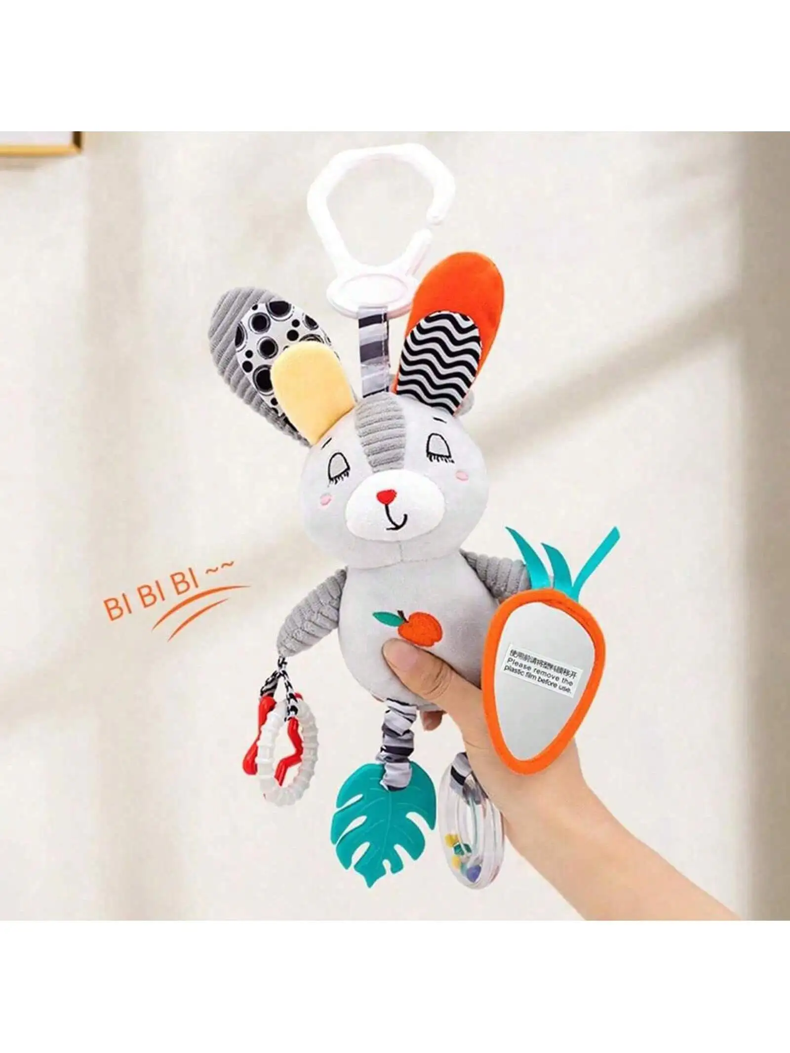 1pc Unisex Baby Car Hanging Toys, Ins Style Cute Animal Black White Grey, Visual Stimulation, Safe Car Seat Rattle, Teether