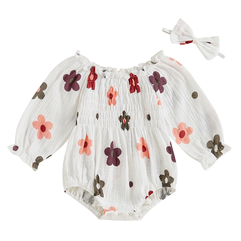 

2-Piece Baby Girls Set Long Sleeve Floral Print Square Neck Smocked Ruffled Romper Bow Headband Adorable Outfits