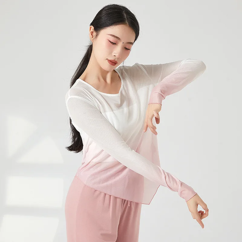 Classical Dance Top Women Long Sleeve Color Gradient Gauze Mesh Blouse Modern Practice Costume Angled Hem Loose Casual Tee Shirt