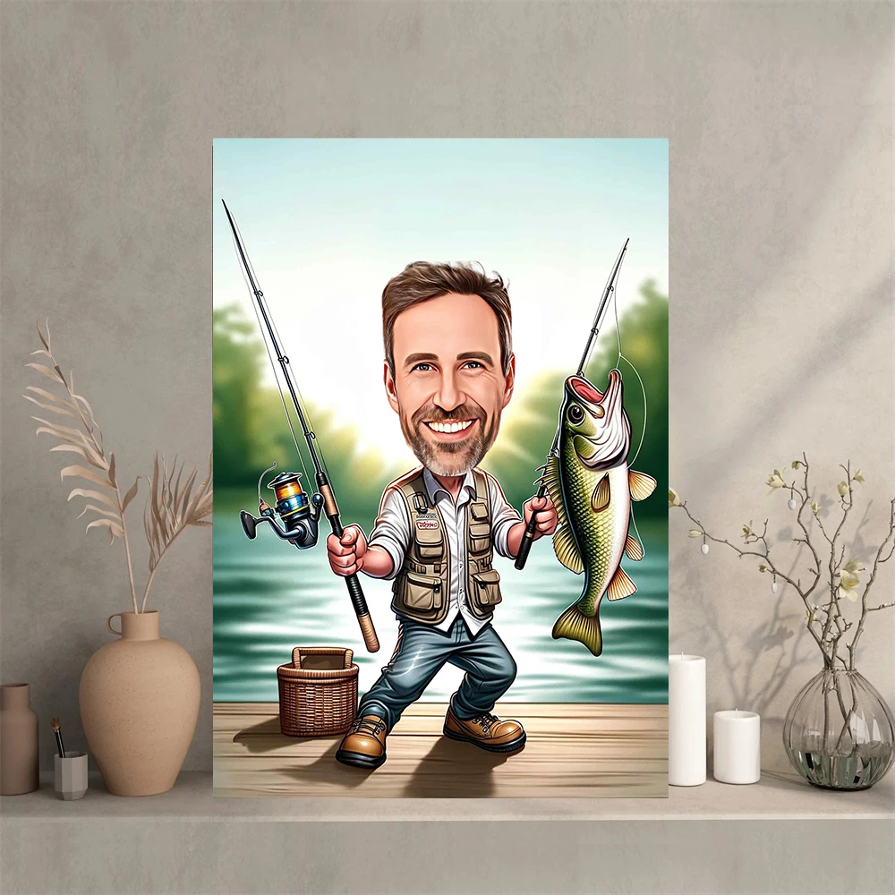Custom Fisherman Cartoon Portrait Prints Gift for Fisher Poster Fisherman Caricature Canvas Painting Fisher Cartoon Portrait Art