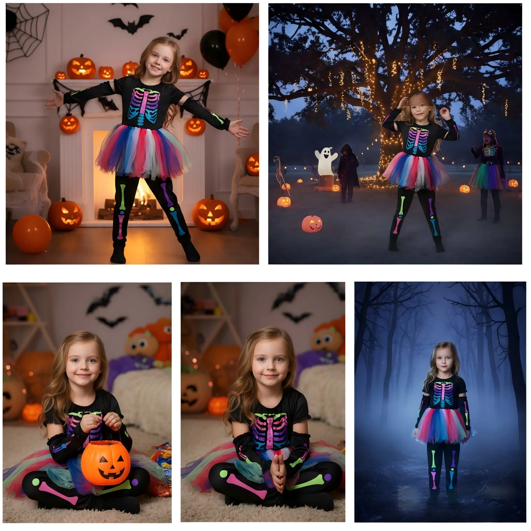 Rainbow Skeleton Girls Tutu Dress Halloween Colorful Skull Costume Toddler Funky Bone Cosplay Outfit Carnival Fancy Clothes 12Y