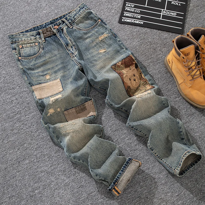 Loose straight leg jeans for men, retro distressed patch, embroidered teddy bear print, Korean fashion pants