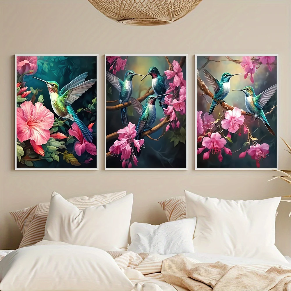

Modern Glam Frameless Hummingbird Bird Animal Print Wall Hanging Decor Pink Flowers for Living Room, Wall Decor, No Frame