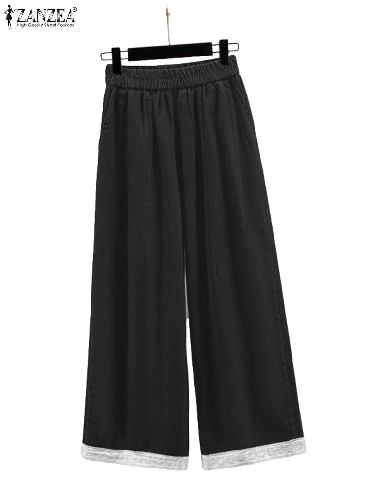 

ZANZEA, джинсовые широкие брюки, осень 2023, повседневные брюки с эластичной резинкой на талии, кружевные брюки с подолом, женская повседневная одежда, свободные брюки
