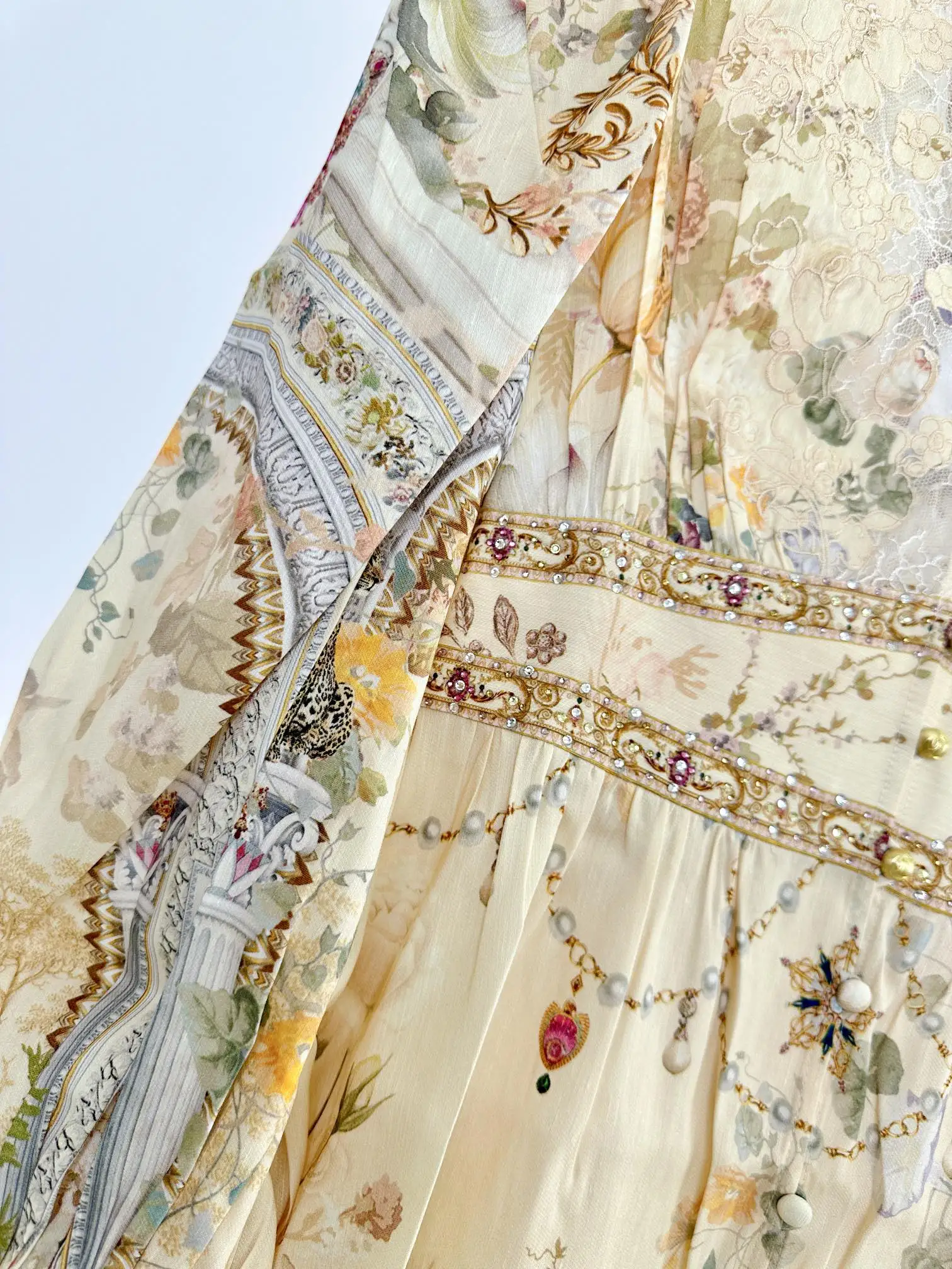 Cristal frisado feminino amarelo em camadas vestido floral impressão rendas bordado retalhos com decote em v manga longa moda seda mini robe