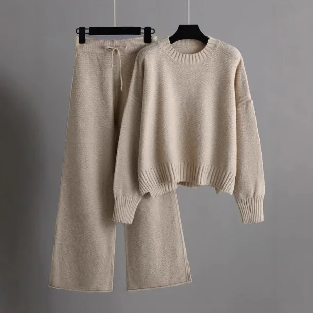 Conjunto de Calças de Perna Larga em Malha, Dois Peças, Moda de Inverno, Suéteres Quentes e Casuais para Mulheres