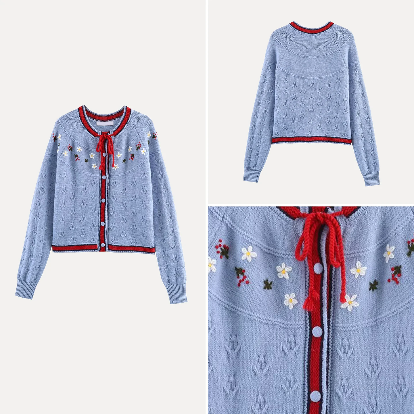 

2025 Winter New Fashion Women's Knitted Embroidered Belted Open Cardigan Color Block Floral Casual Style Long Sleeve 100% Oth...
