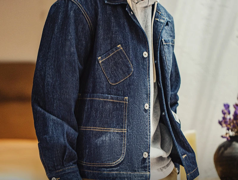 2024Vintage asymmetrical four-pocket design denim Coat Men's single-breasted lapel jacket Fall work coat