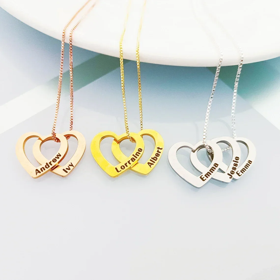 

PolishedPlus Custom Family Names Necklace Personalized Jewelry Stainless Steel Heart Charm Pendant Chain For Women Mom Gift