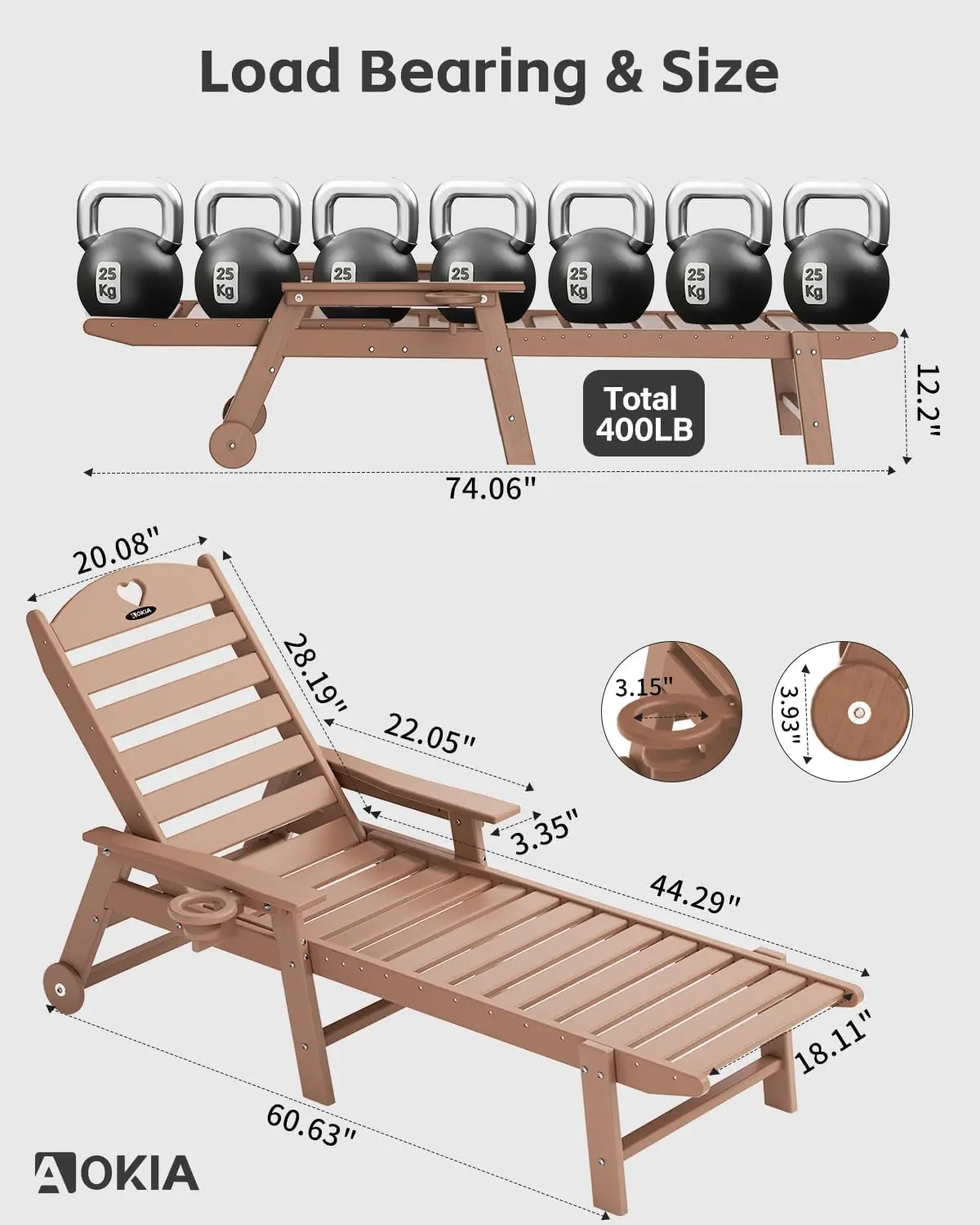 Chaise Lounge Chair Outdoor with Wheels & Cupholder | Oversize HDPE 6-Position Pool Lounge Chairs | Outdoor Chairs for Pat