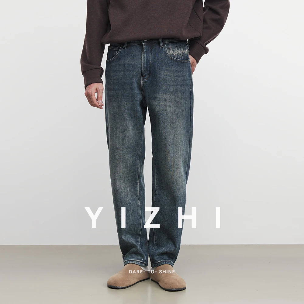 

Men's Fashion Fleece-Lined Washed Vintage Distressed Wide-Leg Jeans 2025 Winter Loose American Streetwear Casual Pants