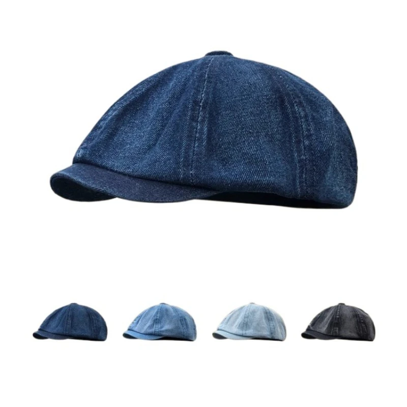 Street Style Denim Short Brim Ivy Cap, Fashion Beret with Distressed Washed Craft, Suitable for Men and Women for Daily Wear